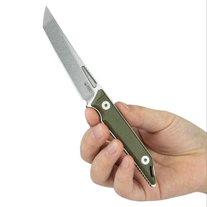 Kubey KU430E Goliath (14C28N, Tanto Point, Beadblast, Green Micarta) Fixed Blade Knife
