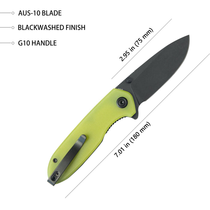 Kubey KU342G Belus (AUS-10, Drop Point, Blackwash, Translucent Yellow G10, Liner Lock) Folding Pocket Knife