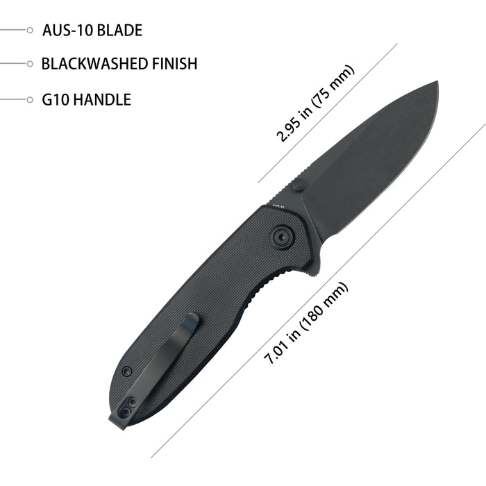 Kubey KU342E Belus (AUS-10, Drop Point, Blackwash, Black G10, Liner Lock) Folding Pocket Knife