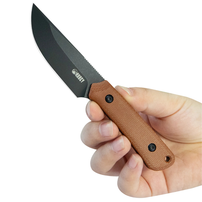 Kubey KU413F Thorn (14C28N, Drop Point, Blackwash, Brown Micarta) Fixed Blade Knife