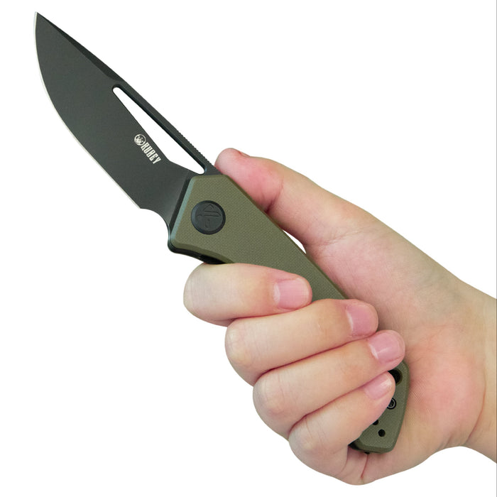 Kubey KU331T Thalia (14C28N, Drop Point, Blackwash, Green G10) Front Flipper EDC Pocket Folding Knife
