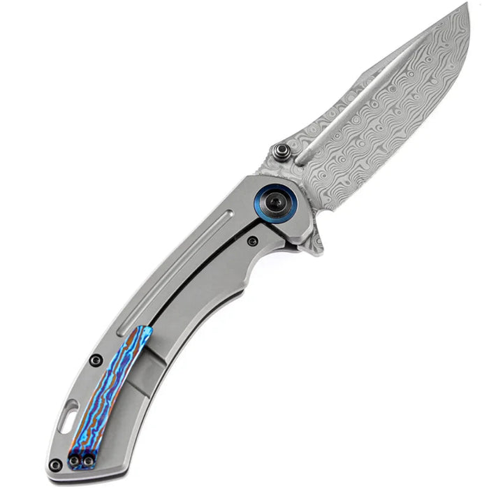 Kansept K1032D1 Pretatout (Damascus, Clip Point, Stonewashed Titanium) Folding Knife