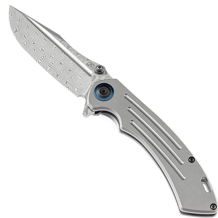 Kansept K1032D1 Pretatout (Damascus, Clip Point, Stonewashed Titanium) Folding Knife