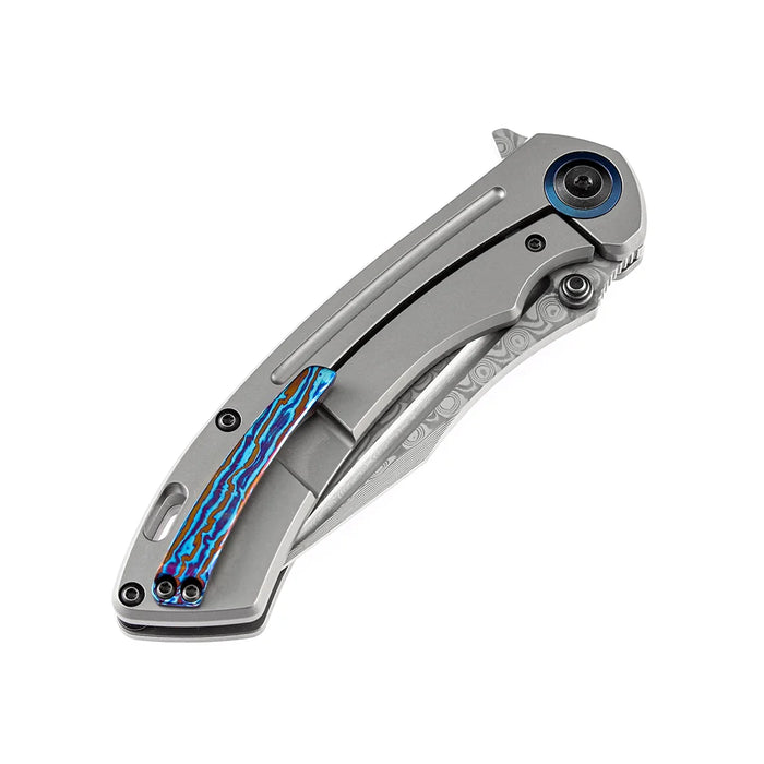 Kansept K1032D1 Pretatout (Damascus, Clip Point, Stonewashed Titanium) Folding Knife