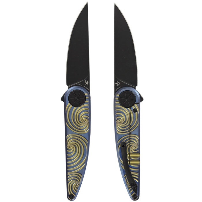 Kansept K2141A3 Symétrix (CPM S35VN, Blackwash, Clip Point, Blue Anodized Titanium with Gold Swirl Pattern) Pocket Knife
