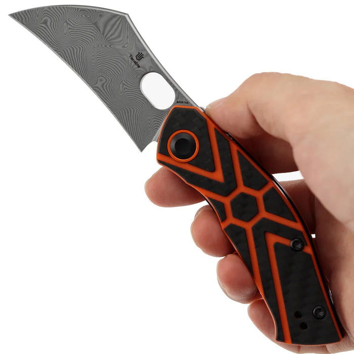 Tenable B2087A4 Osprey (Damascus, Recurved Hawkbill, Twill Carbon Fiber & Orange G10) Folding Knife