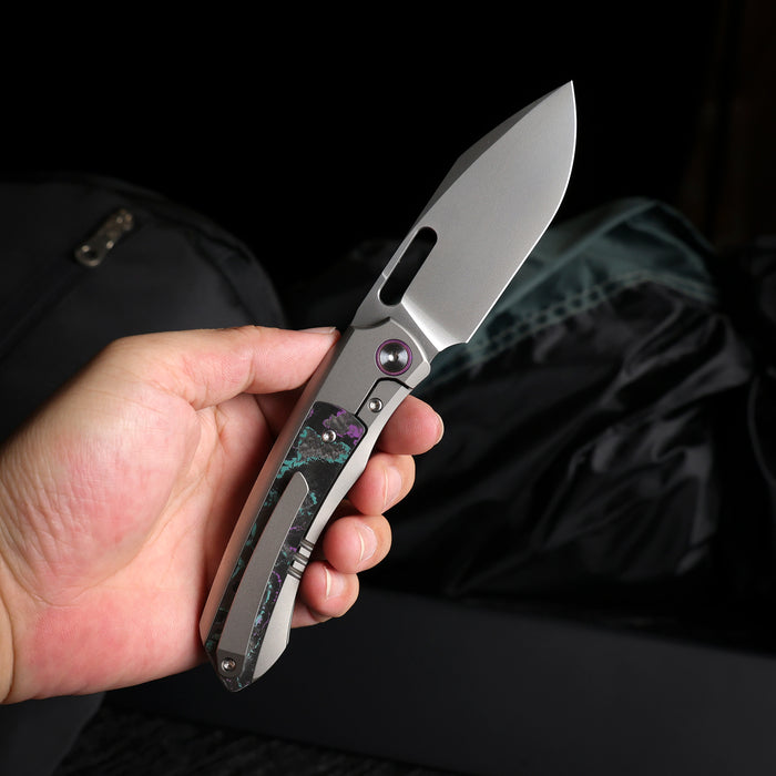 Remette ORCAJY RT-Orca (M390, Drop Point, Pearlescent, Titanium & Carbon Fiber, Button Frame Lock) Pocket Knife