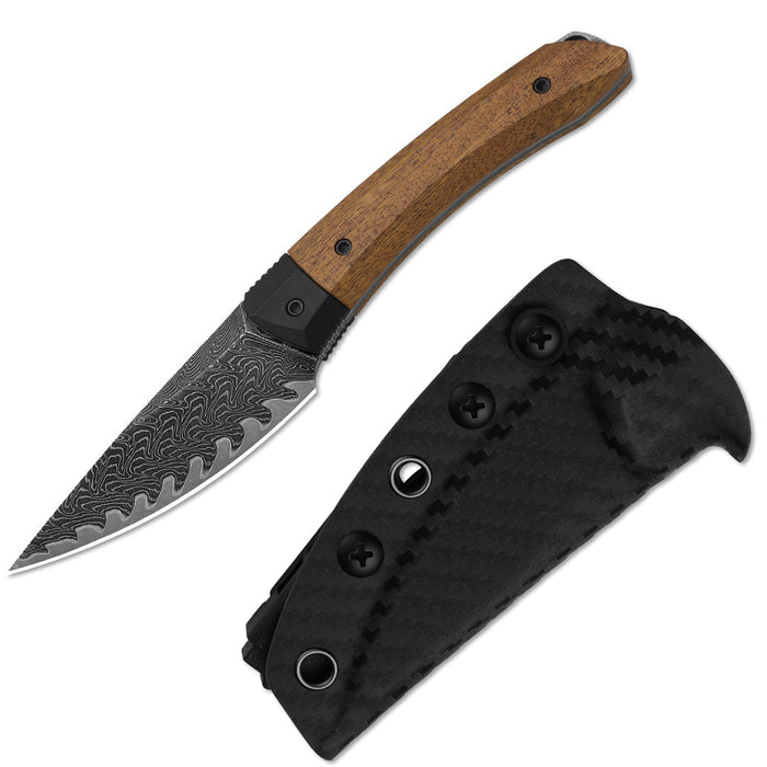 Kizer 1124A1 Momo Fix 3 (Takefu VG-10 Damascus, Drop Point, Acid-Washed, Stonewashed, Mkuruti Wood/G10) Fixed Blade Knife