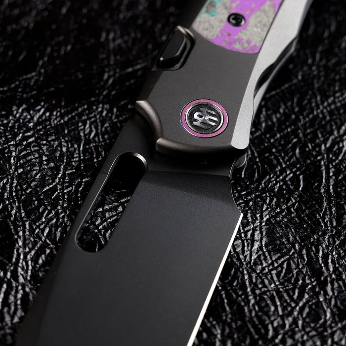 Remette ORCAJYD RT-Orca (M390, Drop Point, Pearlescent DLC, Titanium & Jazzy CamoCarbon, Button Frame Lock) Folding Pocket Knife