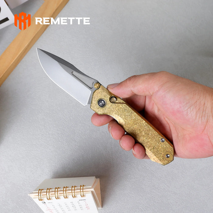 REMETTE RNTB2 RT-Rhino (M390, Drop Point, Pearlescent, Crystallized Titanium, Yellow) Pocket Knife
