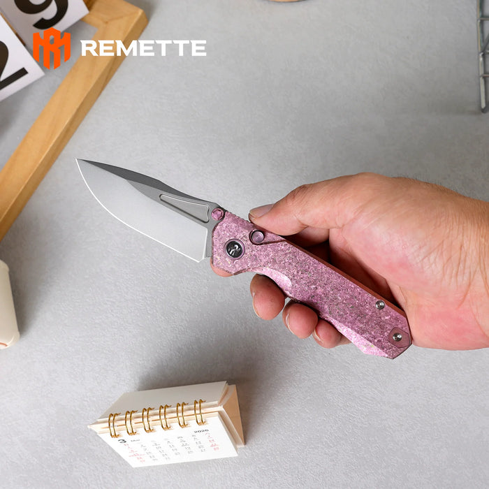REMETTE RNTB1 RT-Rhino (M390, Drop Point, Pearlescent, Crystallized Titanium, Pink) Pocket Knife