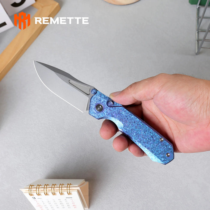 REMETTE RNTB3 RT-Rhino (M390, Drop Point, Pearlescent, Crystallized Titanium, Blue) Pocket Knife