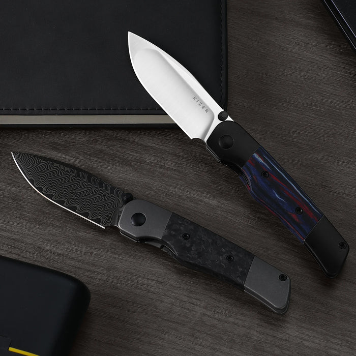 Kizer Ki3685A1 Coywolf (Damascus, Acid-Washed, Drop Point, Titanium/Carbon Fiber) Pocket Knife