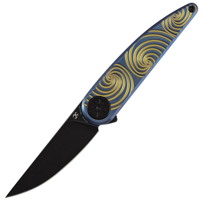 Kansept K2141A3 Symétrix (CPM S35VN, Blackwash, Clip Point, Blue Anodized Titanium with Gold Swirl Pattern) Pocket Knife