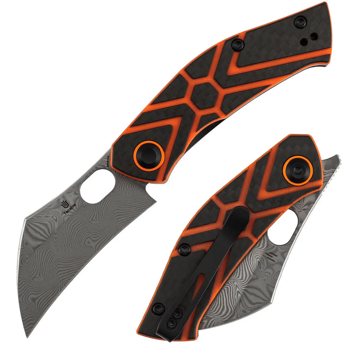 Tenable B2087A4 Osprey (Damascus, Recurved Hawkbill, Twill Carbon Fiber & Orange G10) Folding Knife