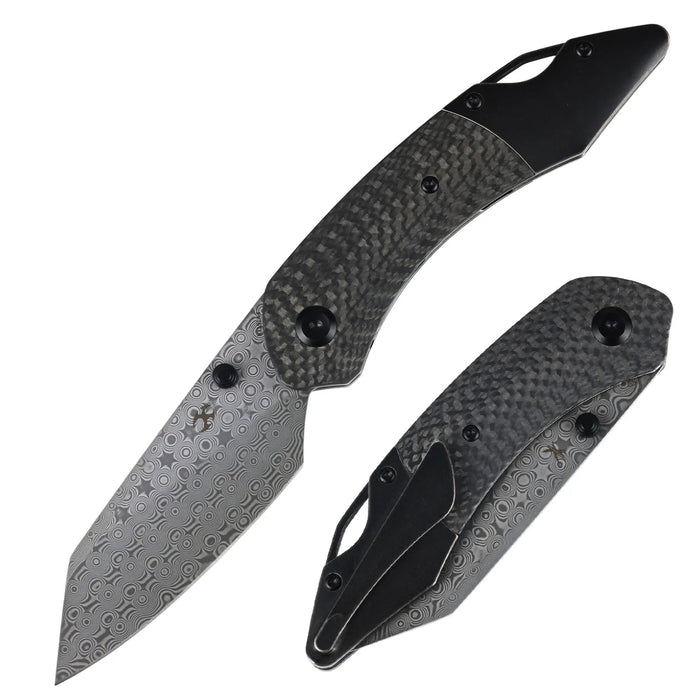 Kansept K1151A4 K9 (Damascus, Modified Wharncliffe, Acid Etched, Twill Carbon Fiber/G10 Laminate & Blackwash Titanium) Folding Knife