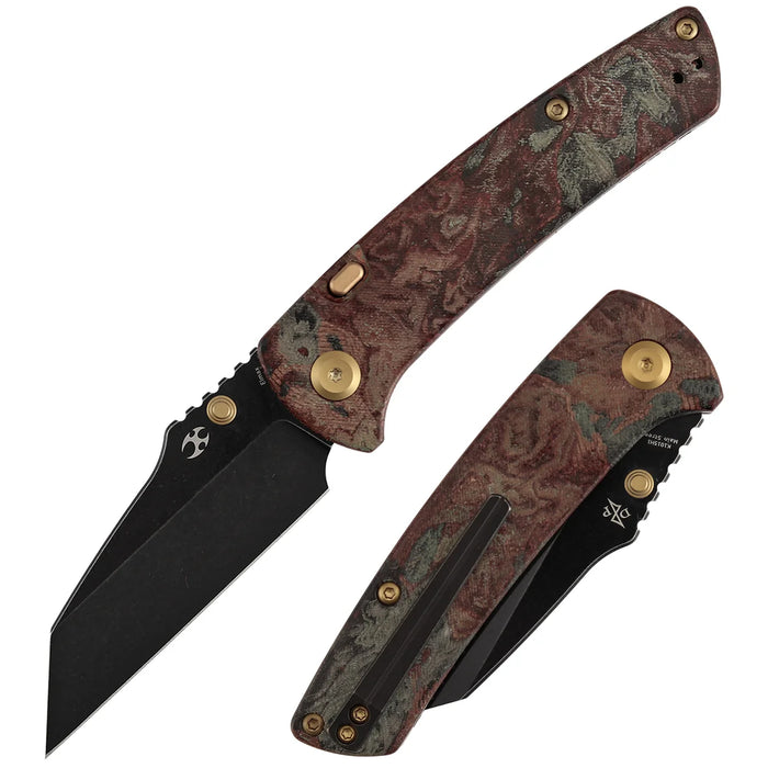 Kansept K1015H1 Main Street (Elmax, Wharncliffe, Blackwash, Red Rag Burl Canvas Micarta) Folding Knife