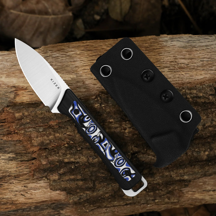 Kizer 1108A6 Whiskey Jack (AEB-L, Drop Point, Satin, G10, Micarta, Skeletonized Tang) Fixed Blade Knife