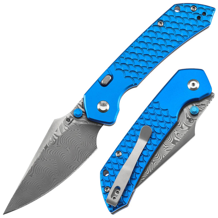 Tenable B1034H9 Fenrir (Damascus, Harpoon, Blackwash, Dark Blue Anodized Aluminum with Fishscale Texture) Folding Knife