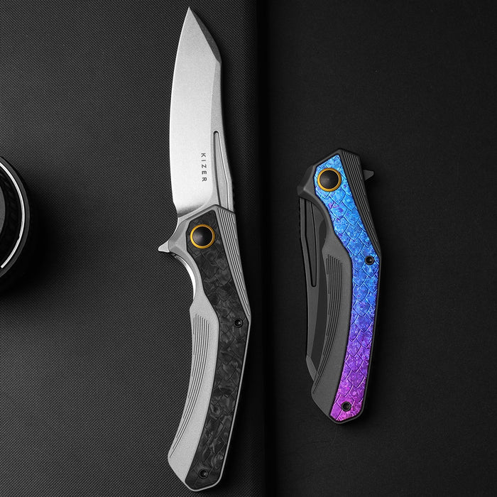 Kizer Ki4751A1 Draca (S45VN, Aluminum/Carbon Fiber, Stonewashed, Sheepsfoot) Pocket Knife