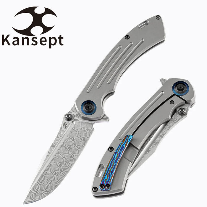 Kansept K1032D1 Pretatout (Damascus, Clip Point, Stonewashed Titanium) Folding Knife