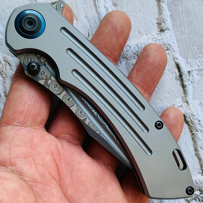 Kansept K1032D1 Pretatout (Damascus, Clip Point, Stonewashed Titanium) Folding Knife