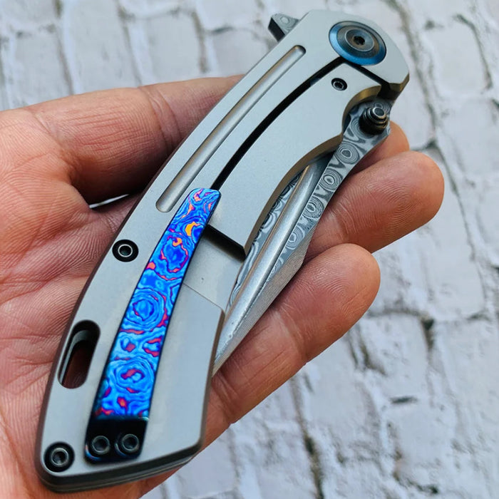 Kansept K1032D1 Pretatout (Damascus, Clip Point, Stonewashed Titanium) Folding Knife
