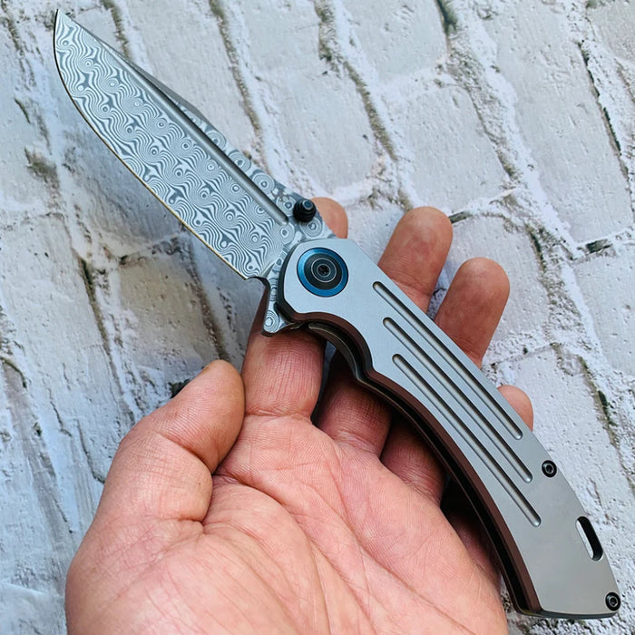 Kansept K1032D1 Pretatout (Damascus, Clip Point, Stonewashed Titanium) Folding Knife