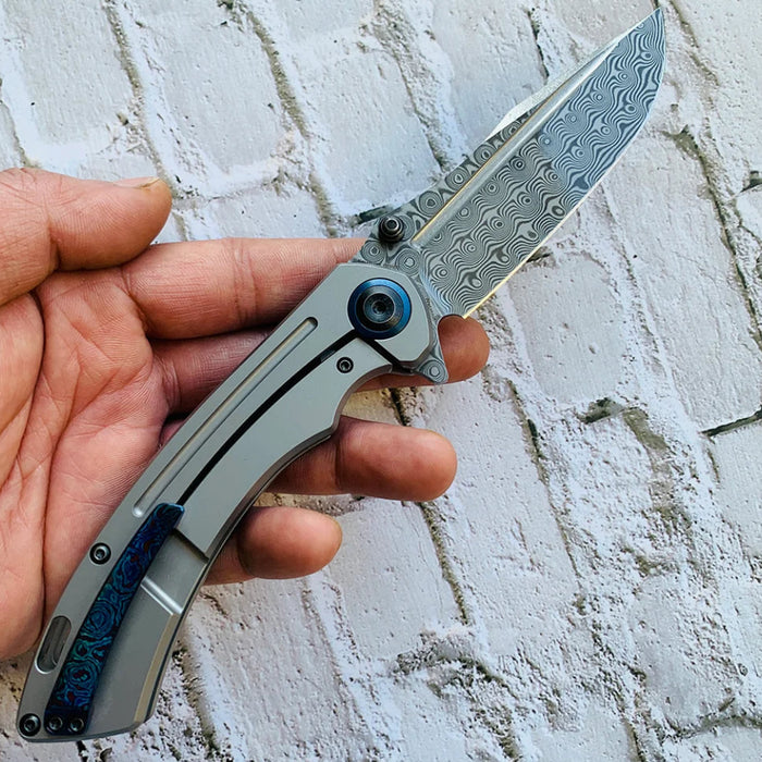 Kansept K1032D1 Pretatout (Damascus, Clip Point, Stonewashed Titanium) Folding Knife