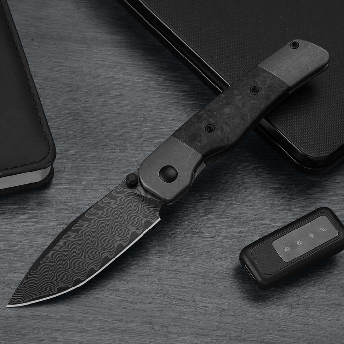 Kizer Ki3685A1 Coywolf (Damascus, Acid-Washed, Drop Point, Titanium/Carbon Fiber) Pocket Knife