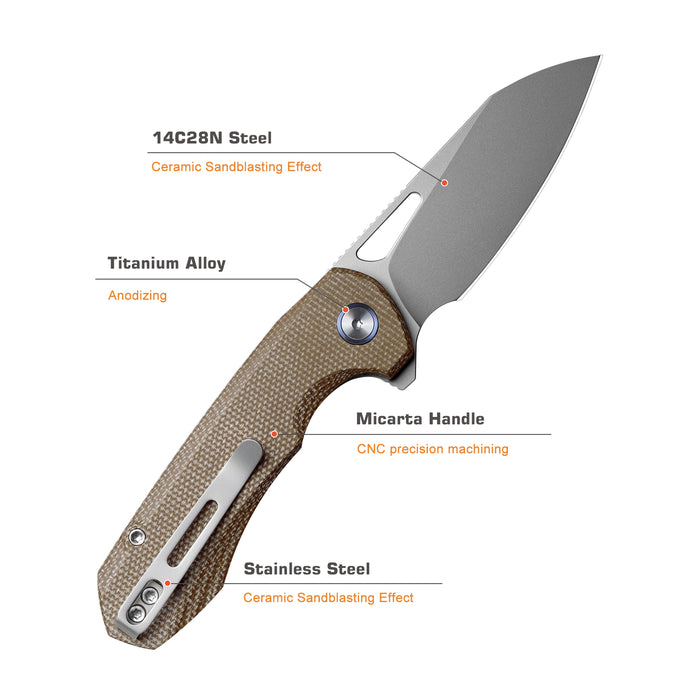 Remette RTCMLF RT-Camel (14C28N, Sheepsfoot, Ceramic Sandblasted, Micarta, Button Liner Lock) Folding Pocket Knife