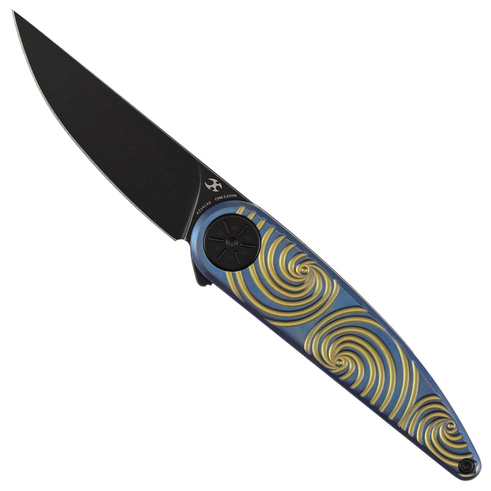 Kansept K2141A3 Symétrix (CPM S35VN, Blackwash, Clip Point, Blue Anodized Titanium with Gold Swirl Pattern) Pocket Knife