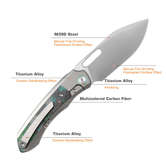 Remette ORCAKD RT-Orca (M390, Drop Point, Pearlescent, Titanium & Carbon Fiber, Button Frame Lock) Pocket Knife