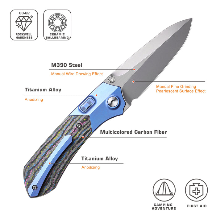Remette RTPT-UC RT-Meteor (M390, Drop Point, Pearlescent, Titanium & Carbon Fiber, Button Liner Lock) Folding Pocket Knife