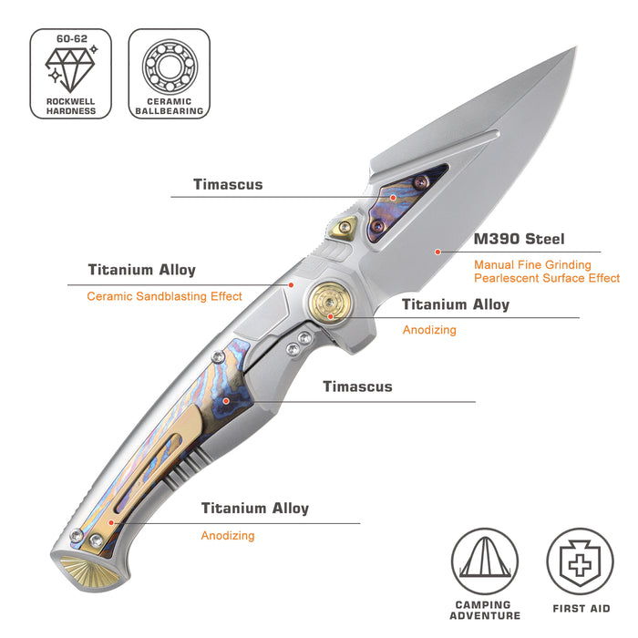 Remette SCPT-A RT-Scepter (M390, Harpoon, Bead Blasted, Titanium Timascus, Button Frame Lock) Pocket Knife