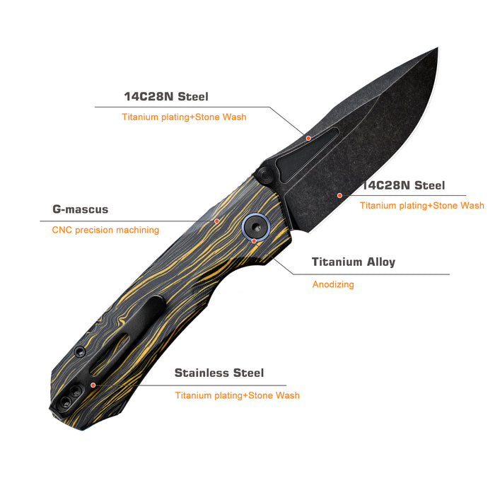 REMETTE RNGC3 RT-Rhino (14C28N, Black, Stonewashed, Drop Point, G10, Yellow/Black) Folding Knife