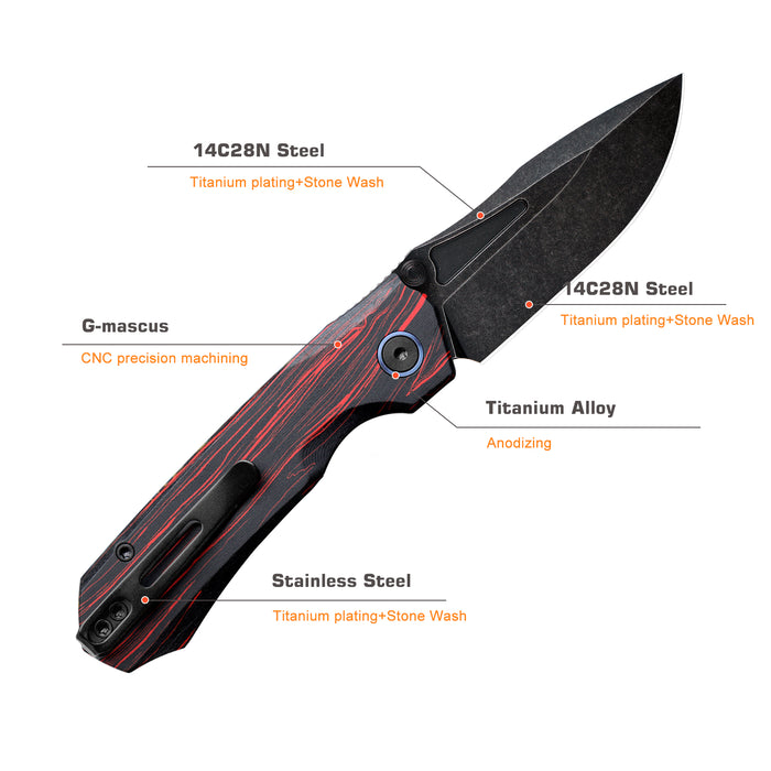 REMETTE RNGC2 RT-Rhino (14C28N, Black, Stonewashed, Drop Point, G10, Red/Black) Folding Knife