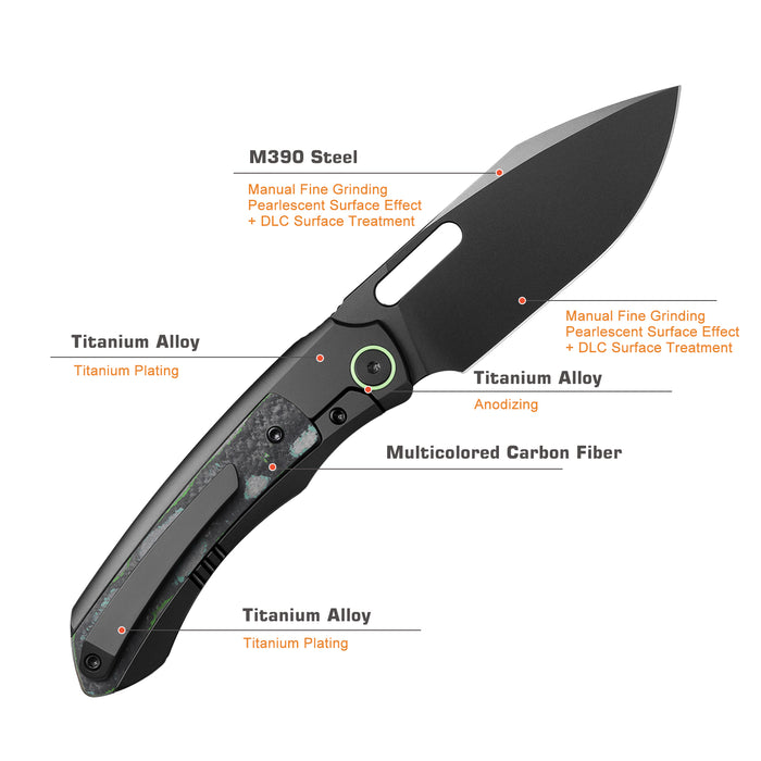 Remette ORCAKDD RT-Orca (M390, Drop Point, Pearlescent DLC, Titanium & Kelp Bed CamoCarbon, Button Frame Lock) Folding Pocket Knife