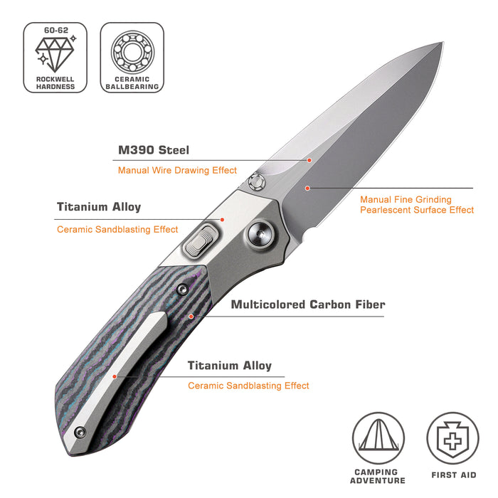 Remette RTPT-JAC RT-Meteor (M390, Drop Point, Pearlescent, Titanium & Carbon Fiber, Button Liner Lock) Folding Pocket Knife