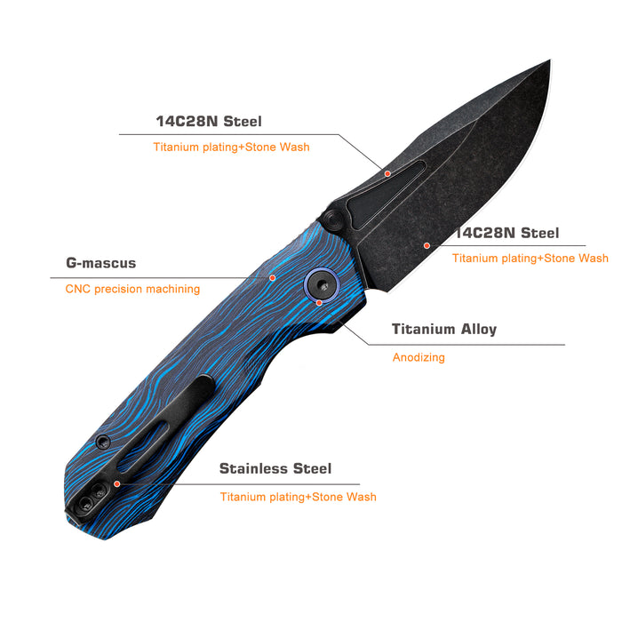 REMETTE RNGC1 RT-Rhino (14C28N, Black, Stonewashed, Drop Point, Blue/Black G10) Folding Knife