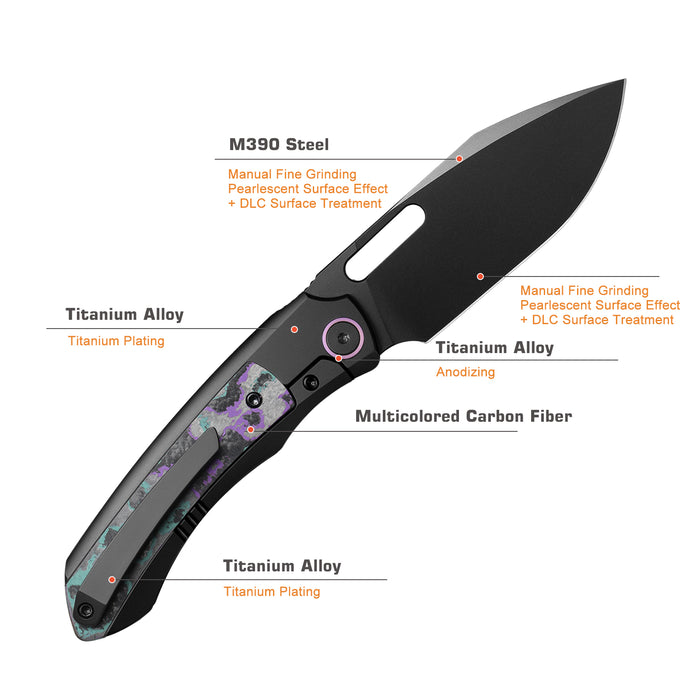 Remette ORCAJYD RT-Orca (M390, Drop Point, Pearlescent DLC, Titanium & Jazzy CamoCarbon, Button Frame Lock) Folding Pocket Knife