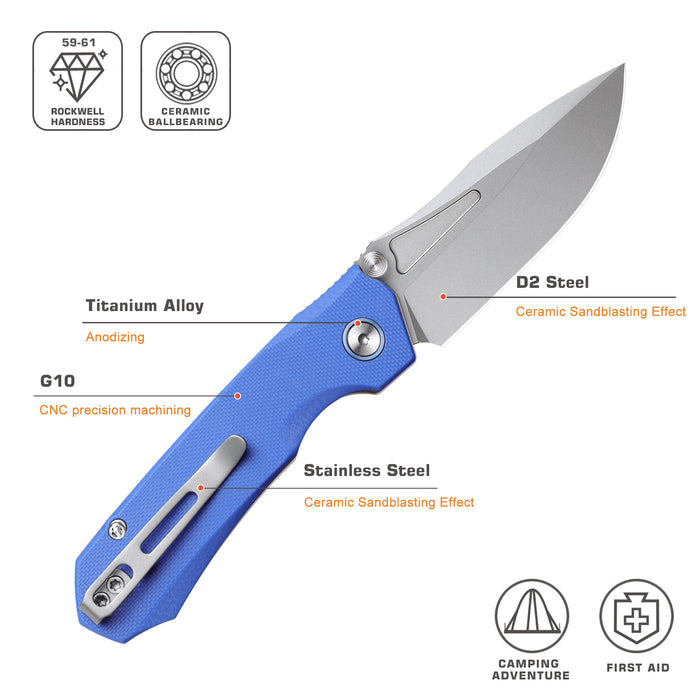 REMETTE RNGD4 RT-Rhino (D2, Bead Blast, Drop Point, G10, Blue) Folding Knife