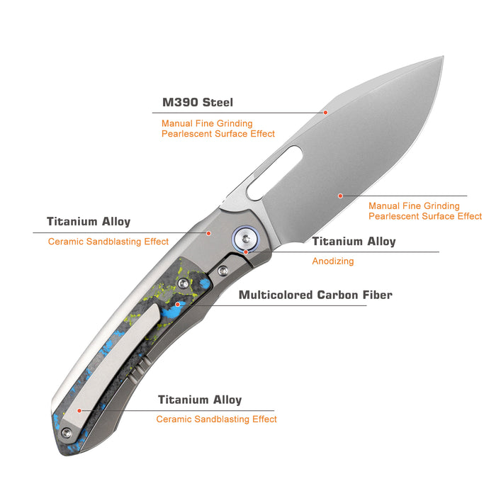 Remette ORCAUR RT-Orca (M390, Drop Point, Pearlescent, Titanium & Carbon Fiber, Button Frame Lock) Pocket Knife