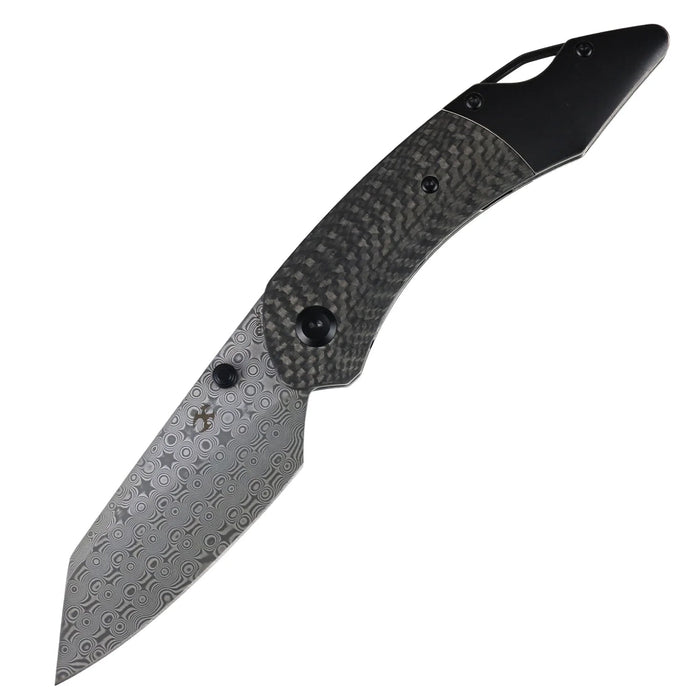 Kansept K1151A4 K9 (Damascus, Modified Wharncliffe, Acid Etched, Twill Carbon Fiber/G10 Laminate & Blackwash Titanium) Folding Knife