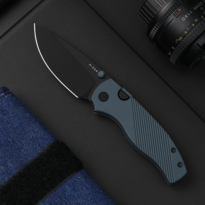 Kizer V3801A2 Glaux (14C28N, Drop Point, Gray PVD, Stonewashed, Vortex Pattern Micarta, Button Liner Lock) Pocket Knife