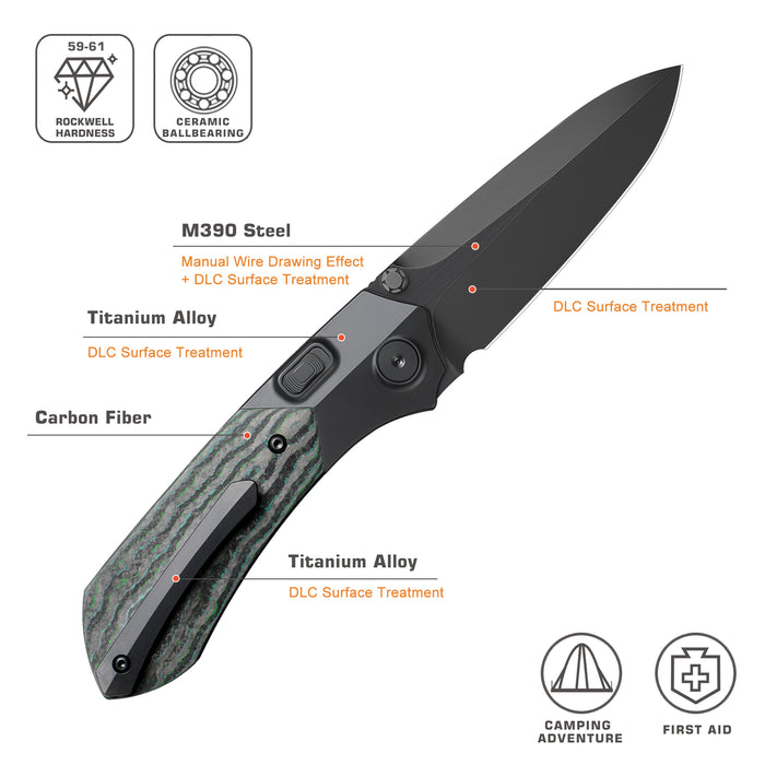 Remette RTPT-KBC RT-Meteor (M390, Drop Point, DLC, Titanium & Carbon Fiber, Button Liner Lock) Folding Pocket Knife