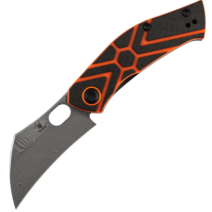 Tenable B2087A4 Osprey (Damascus, Recurved Hawkbill, Twill Carbon Fiber & Orange G10) Folding Knife