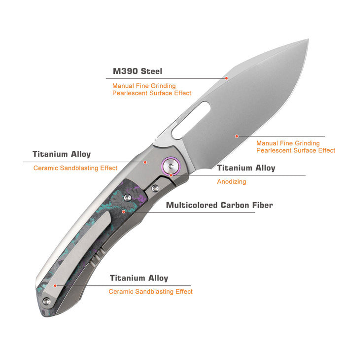 Remette ORCAJY RT-Orca (M390, Drop Point, Pearlescent, Titanium & Carbon Fiber, Button Frame Lock) Pocket Knife