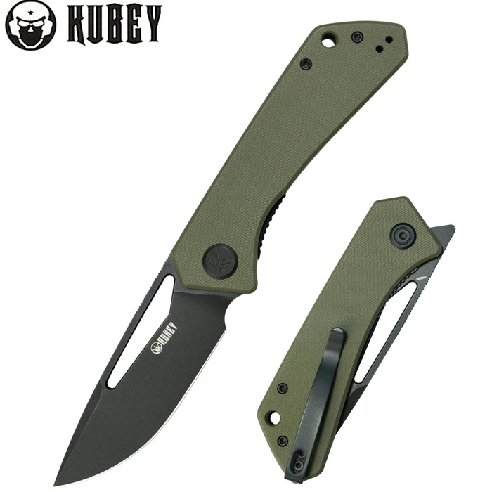 Kubey KU331T Thalia (14C28N, Drop Point, Blackwash, Green G10) Front Flipper EDC Pocket Folding Knife