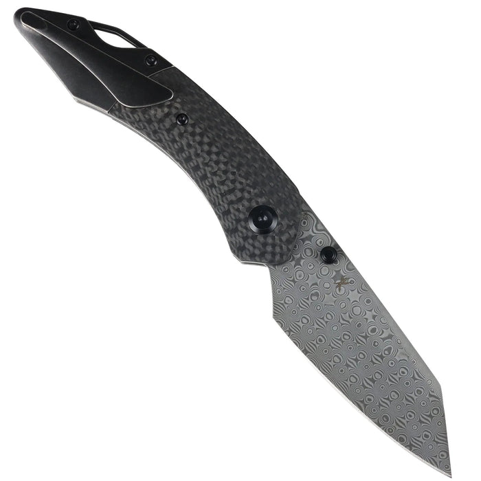 Kansept K1151A4 K9 (Damascus, Modified Wharncliffe, Acid Etched, Twill Carbon Fiber/G10 Laminate & Blackwash Titanium) Folding Knife